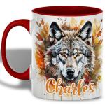 Personalized Wolf Coffee Mug, Ceramic Mug 11oz with Majestic Wolf and Autumn Leaves Artwork, Personalized Coffee Cup, Gift for Lovers, Dishwasher Safe, Customized Name Mug, Nature-Inspired Coffee Gift