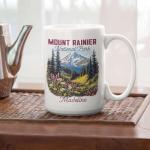 Mount Rainier Ceramic Cup 11oz 15oz, Customized National Park Coffee Mug, Custom Scenic Wildflower Design Cup, Nature Inspired Mug, Personalized Name Mount Rainier White Cup