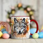 Personalized Wolf Coffee Mug, Ceramic Mug 11oz with Majestic Wolf and Autumn Leaves Artwork, Personalized Coffee Cup, Gift for Lovers, Dishwasher Safe, Customized Name Mug, Nature-Inspired Coffee Gift