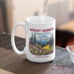 Mount Rainier Ceramic Cup 11oz 15oz, Customized National Park Coffee Mug, Custom Scenic Wildflower Design Cup, Nature Inspired Mug, Personalized Name Mount Rainier White Cup