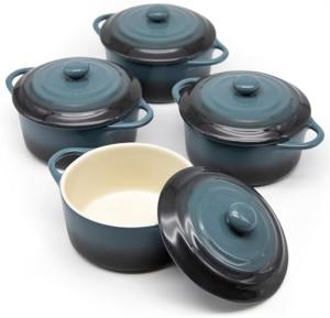 Kook Ceramic Mini Cocotte Set, Small Casserole Dishes with Lids and Handles, Individual Baking Ramekins, Oven, Microwave & Dishwasher Safe, Stoneware, 12 oz, Set of 4 (Stone Ombre)