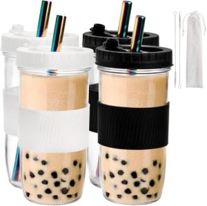 Youeon 4 Pack 24 Oz Reusable Boba Cups with Lids and Straw, Iced Coffee & Smoothie Cups, Bubble Tea & Mason Jar Style with Silicone Sleeve, BPA Free, Dishwasher Safe, 2 Colors