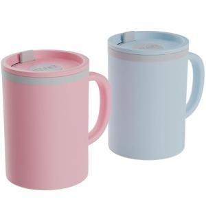 Copco Iconic 16oz Double Wall Insulated Desk Mug with Lid and Handle, Set of 2, BPA-Free Reusable Plastic, Spill-Proof, Microwave & Dishwasher Safe, Wide Mouth, Cup Holder Friendly (Light Blue/Pink)