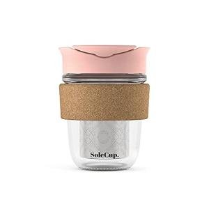 SoleCup. Travel Mug Loose Tea Infuser - Detachable Tea Strainer with Spillproof Lid - BPA-Free Reusable Glass Travel Coffee Cup with Cork Band (Pink)