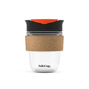 SoleCup. - Reusable Strengthened Glass Travel Cup - Spill Proof Insulated Coffee Mug - 12oz/340ml BPA-Free Hot Drink Travel Mug with Lid & Cork Band (Black)