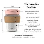 SoleCup. Travel Mug Loose Tea Infuser - Detachable Tea Strainer with Spillproof Lid - BPA-Free Reusable Glass Travel Coffee Cup with Cork Band (Pink)