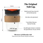 SoleCup. - Reusable Strengthened Glass Travel Cup - Spill Proof Insulated Coffee Mug - 12oz/340ml BPA-Free Hot Drink Travel Mug with Lid & Cork Band (Black)