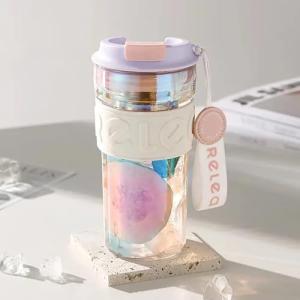 Tea Infuser Mug, Glass Travel Coffee Mug, 20oz Reusable Coffee Cup with Stainless Steel Filter, Tea cup with infuser and lid (Purple)