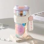 Tea Infuser Mug, Glass Travel Coffee Mug, 20oz Reusable Coffee Cup with Stainless Steel Filter, Tea cup with infuser and lid (Purple)