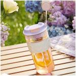 Tea Infuser Mug, Glass Travel Coffee Mug, 20oz Reusable Coffee Cup with Stainless Steel Filter, Tea cup with infuser and lid (Purple)