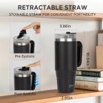 Tyeso 40 oz Tumbler with Handle, Straw and Lid - Leak Resistant Insulated Stainless Steel Water Bottle, Car Cup Holder Friendly Travel Coffee Mug Black - Gifts for Men & Women