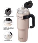 TKK 40 oz Tumblers with Handle and Straw, Ceramic Coating Insulated Bottle 100% Leakproof Travel Mug for Water, Iced Tea or Coffee, Smoothie, Cup Holder Friendly Base, Pink