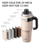 TKK 40 oz Tumblers with Handle and Straw, Ceramic Coating Insulated Bottle 100% Leakproof Travel Mug for Water, Iced Tea or Coffee, Smoothie, Cup Holder Friendly Base, Pink