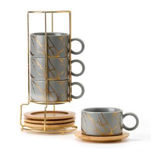 LUKA 6 Ounce Porcelain Stackable Espresso Cups with Saucers and Metal Stand Set of 4, Ceramic Cappuccino Cups Set for Specialty Coffee Drinks, Latte, Cafe Mocha and Tea, Gray