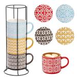 Hiceeden Set of 4 Stackable Coffee Mugs with Rack, 15 oz Colorful Ceramic Coffee Mugs with Metal Stand, Coffee Cup Set for Espresso, Cocoa, Latte, Americano, Cappuccino, Tea, Milk, Multi-colored