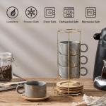 LUKA 6 Ounce Porcelain Stackable Espresso Cups with Saucers and Metal Stand Set of 4, Ceramic Cappuccino Cups Set for Specialty Coffee Drinks, Latte, Cafe Mocha and Tea, Gray
