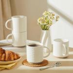 Sweese Stackable Coffee Mugs - 10 Oz Porcelain Cups with Sculpture design for Specialty Coffee Drinks, Cappuccino, Cafe Mocha, Latte and tea, Set of 4, White