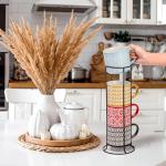 Hiceeden Set of 4 Stackable Coffee Mugs with Rack, 15 oz Colorful Ceramic Coffee Mugs with Metal Stand, Coffee Cup Set for Espresso, Cocoa, Latte, Americano, Cappuccino, Tea, Milk, Multi-colored