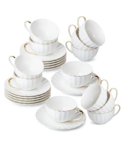 BTaT- White Tea Cups and Saucers Set of 12 (7 oz), Porcelain White Tea Cup Set of 12 with Golden Trim Design, Dishwasher Safe