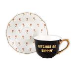 Slant Collections Ceramic Tea Cup and Saucer Set, 5-Ounce, Bitches Be Sippin