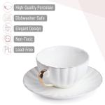 BTaT- White Tea Cups and Saucers Set of 12 (7 oz), Porcelain White Tea Cup Set of 12 with Golden Trim Design, Dishwasher Safe