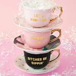 Slant Collections Ceramic Tea Cup and Saucer Set, 5-Ounce, Bitches Be Sippin