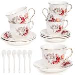 WRINGKIT Tea Cups and Saucers Set of 6, 8 Oz Porcelain Floral Tea Cups with Gold Trim Spoon, Bone China Coffee Cup Saucer Gift Set for Cappuccino, Espresso, Latte, Cafe Mocha
