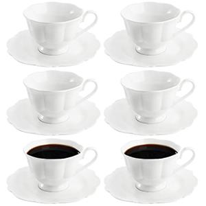 Jucoan Set of 6 Porcelain Tea Cups and Saucers, Bone China Tea Cup Set, 6 oz White Tea Cup Set, Coffee Cups, Espresso Cups, British Tea Cups Gift for Wedding Bridal Shower Birthday Party