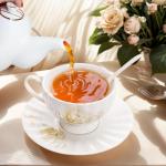 WRINGKIT Tea Cups and Saucers Set of 6, 7 Oz Floral Tea Cups, White Porcelain Tea Cup with Saucer, British Coffee Cups Sets for Women Teas Party, Cappuccino, Latte, Microwave Safe