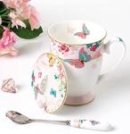 YBK Tech Euro Style Porcelain Tea Cup Coffee Mug with Lid for Breakfast Home Kitchen (((Butterflies Pattern) (Pink)))