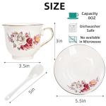 WRINGKIT Tea Cups and Saucers Set of 6, 8 Oz Porcelain Floral Tea Cups with Gold Trim Spoon, Bone China Coffee Cup Saucer Gift Set for Cappuccino, Espresso, Latte, Cafe Mocha