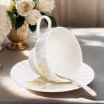 WRINGKIT Tea Cups and Saucers Set of 6, 7 Oz Floral Tea Cups, White Porcelain Tea Cup with Saucer, British Coffee Cups Sets for Women Teas Party, Cappuccino, Latte, Microwave Safe