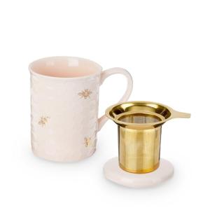 Pinky Up Annette Ceramic Tea Cup with Infuser and Lid, Travel Mug for Loose Leaf Teas, Home Office, Camping, Picnic Party, 12 oz, Set of 1, Honeycomb