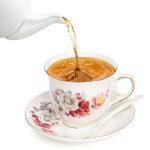 WRINGKIT Tea Cups and Saucers Set of 6, 8 Oz Porcelain Floral Tea Cups with Gold Trim Spoon, Bone China Coffee Cup Saucer Gift Set for Cappuccino, Espresso, Latte, Cafe Mocha