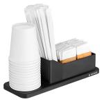 Navaris Small Coffee Station Organizer - Tea and Coffee Condiment Supplies Holder with Stacking Cup Storage - For Kitchen or Office Break Room - Black