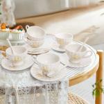 WRINGKIT Tea Cups and Saucers Set of 6, 7 Oz Floral Tea Cups, White Porcelain Tea Cup with Saucer, British Coffee Cups Sets for Women Teas Party, Cappuccino, Latte, Microwave Safe