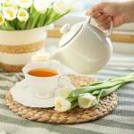 Jucoan Set of 6 Porcelain Tea Cups and Saucers, Bone China Tea Cup Set, 6 oz White Tea Cup Set, Coffee Cups, Espresso Cups, British Tea Cups Gift for Wedding Bridal Shower Birthday Party