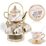 Zhehao 20 Pcs Porcelain Tea Set with Metal Holder and Spoon Adult Ceramic Tea Party Set European Flower Painting Teapot Cup Saucer Spoon Set for Women, Large Version(Minimalist Style)