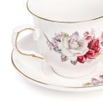 WRINGKIT Tea Cups and Saucers Set of 6, 8 Oz Porcelain Floral Tea Cups with Gold Trim Spoon, Bone China Coffee Cup Saucer Gift Set for Cappuccino, Espresso, Latte, Cafe Mocha