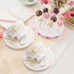 WRINGKIT Tea Cups and Saucers Set of 6, 7 Oz Floral Tea Cups, White Porcelain Tea Cup with Saucer, British Coffee Cups Sets for Women Teas Party, Cappuccino, Latte, Microwave Safe