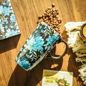 Topadorn Coffee Ceramic Mug Porcelain Latte Tea Cup With Lid 17oz., Blue Flower