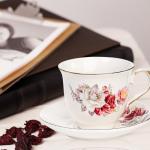 WRINGKIT Tea Cups and Saucers Set of 6, 8 Oz Porcelain Floral Tea Cups with Gold Trim Spoon, Bone China Coffee Cup Saucer Gift Set for Cappuccino, Espresso, Latte, Cafe Mocha