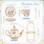 Zhehao 20 Pcs Porcelain Tea Set with Metal Holder and Spoon Adult Ceramic Tea Party Set European Flower Painting Teapot Cup Saucer Spoon Set for Women, Large Version(Minimalist Style)