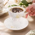 WRINGKIT Tea Cups and Saucers Set of 6, 7 Oz Floral Tea Cups, White Porcelain Tea Cup with Saucer, British Coffee Cups Sets for Women Teas Party, Cappuccino, Latte, Microwave Safe