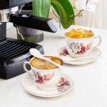 WRINGKIT Tea Cups and Saucers Set of 6, 8 Oz Porcelain Floral Tea Cups with Gold Trim Spoon, Bone China Coffee Cup Saucer Gift Set for Cappuccino, Espresso, Latte, Cafe Mocha