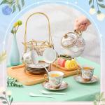 Zhehao 20 Pcs Porcelain Tea Set with Metal Holder and Spoon Adult Ceramic Tea Party Set European Flower Painting Teapot Cup Saucer Spoon Set for Women, Large Version(Minimalist Style)