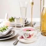 WRINGKIT Tea Cups and Saucers Set of 6, 8 Oz Porcelain Floral Tea Cups with Gold Trim Spoon, Bone China Coffee Cup Saucer Gift Set for Cappuccino, Espresso, Latte, Cafe Mocha