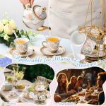 Zhehao 20 Pcs Porcelain Tea Set with Metal Holder and Spoon Adult Ceramic Tea Party Set European Flower Painting Teapot Cup Saucer Spoon Set for Women, Large Version(Minimalist Style)
