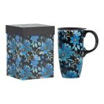 Topadorn Coffee Ceramic Mug Porcelain Latte Tea Cup With Lid 17oz., Blue Flower