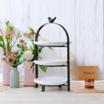SparkWorks 3 Tiered Cake Stand, Tea Party Serving Platter, Dessert and Cupcake Stand, Metal Tiered Serving Stand Includes Three Premium White Stoneware Plates